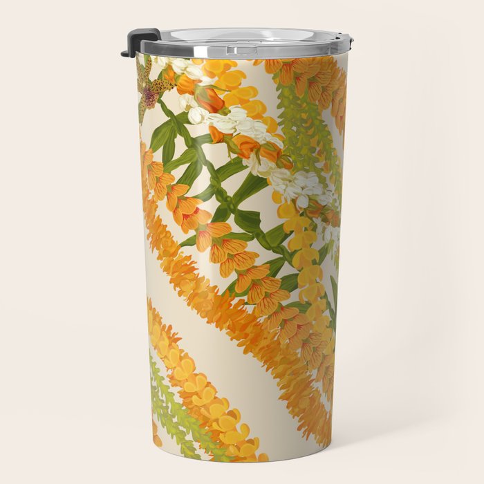 Diagonal Lei Pikake Orange Lokelani Pakalana Puakenikeni tileaf on beige Travel Mug Gallery Image 3