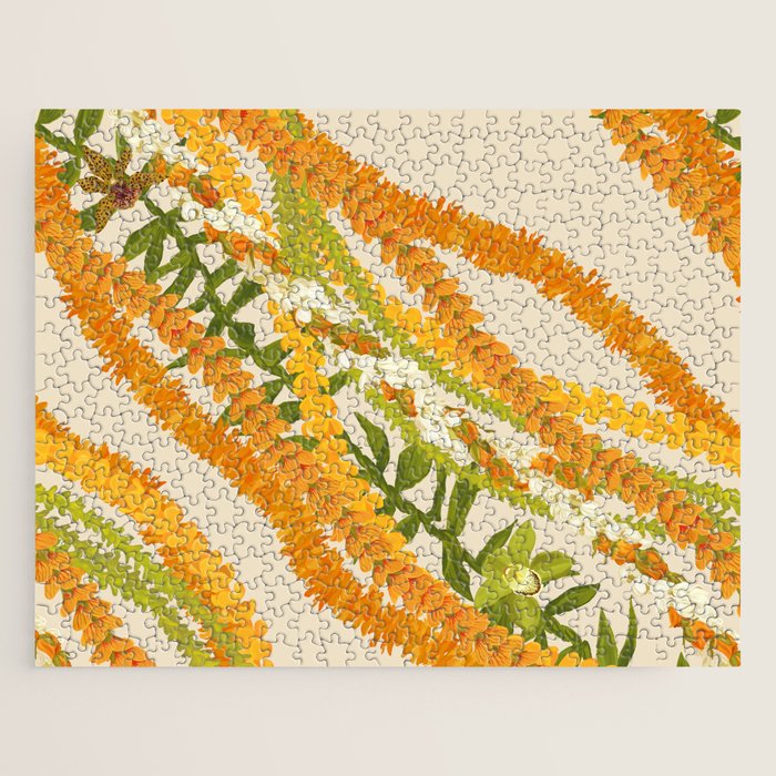 Diagonal Lei Pikake Orange Lokelani Pakalana Puakenikeni tileaf on beige Jigsaw Puzzle Gallery Image 1