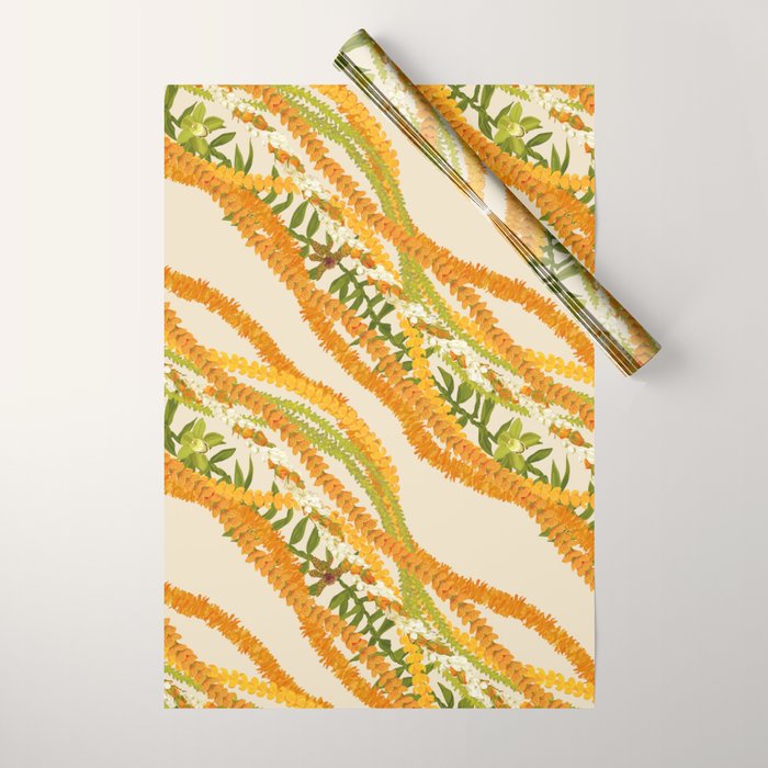 Diagonal Lei Pikake Orange Lokelani Pakalana Puakenikeni tileaf on beige Wrapping Paper Gallery Image 1