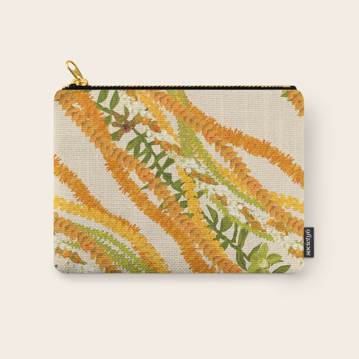 Diagonal Lei Pikake Orange Lokelani Pakalana Puakenikeni tileaf on beige Carry All Pouch Gallery Image 1