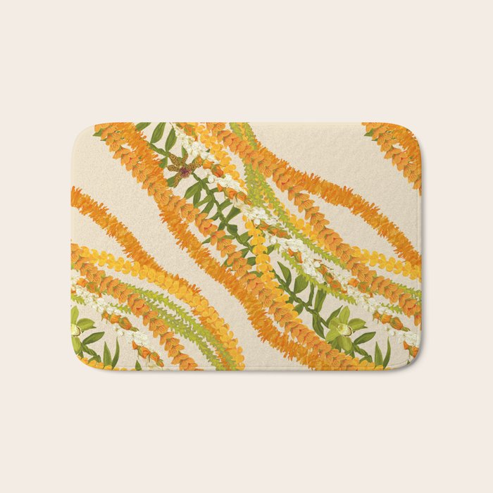 Diagonal Lei Pikake Orange Lokelani Pakalana Puakenikeni tileaf on beige Bath Mat