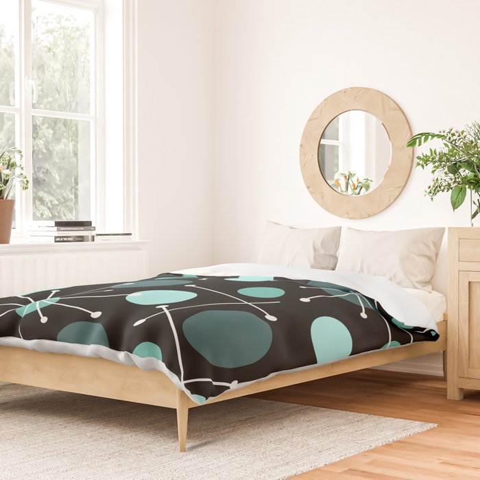 Atomic Age Dots And Starbursts Black Turquoise Duvet Cover Gallery Image 2