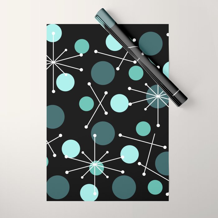 Atomic Age Dots And Starbursts Black Turquoise Wrapping Paper Gallery Image 1