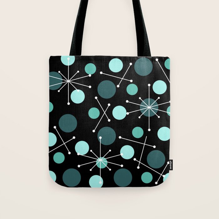 Atomic Age Dots And Starbursts Black Turquoise Tote Bag Gallery Image 1