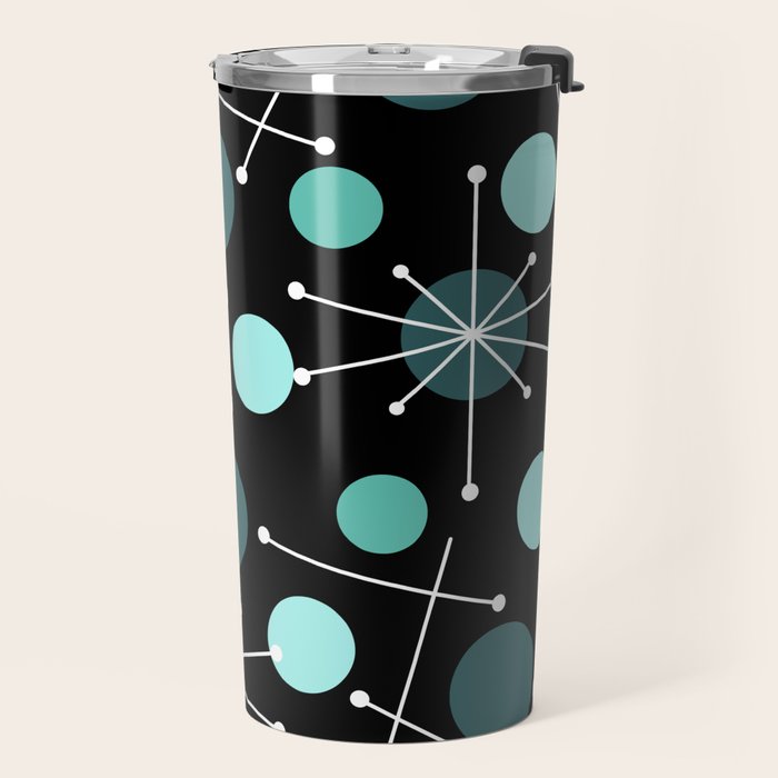Atomic Age Dots And Starbursts Black Turquoise Travel Mug Gallery Image 2