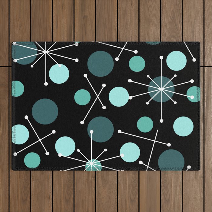 Atomic Age Dots And Starbursts Black Turquoise Outdoor Rug Gallery Image 1