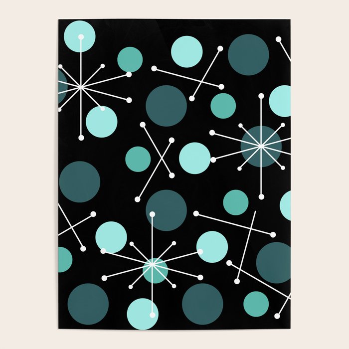 Atomic Age Dots And Starbursts Black Turquoise Poster Gallery Image 4