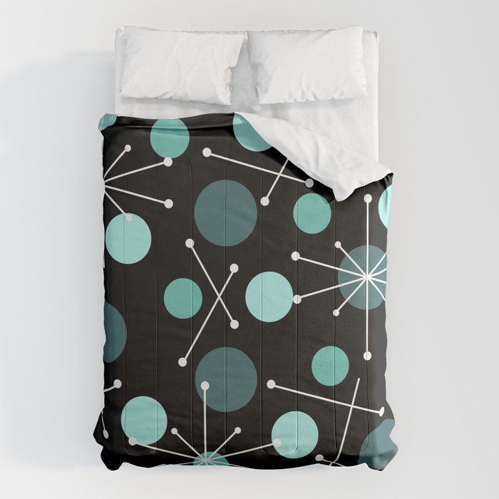Atomic Age Dots And Starbursts Black Turquoise Comforter Gallery Image 1