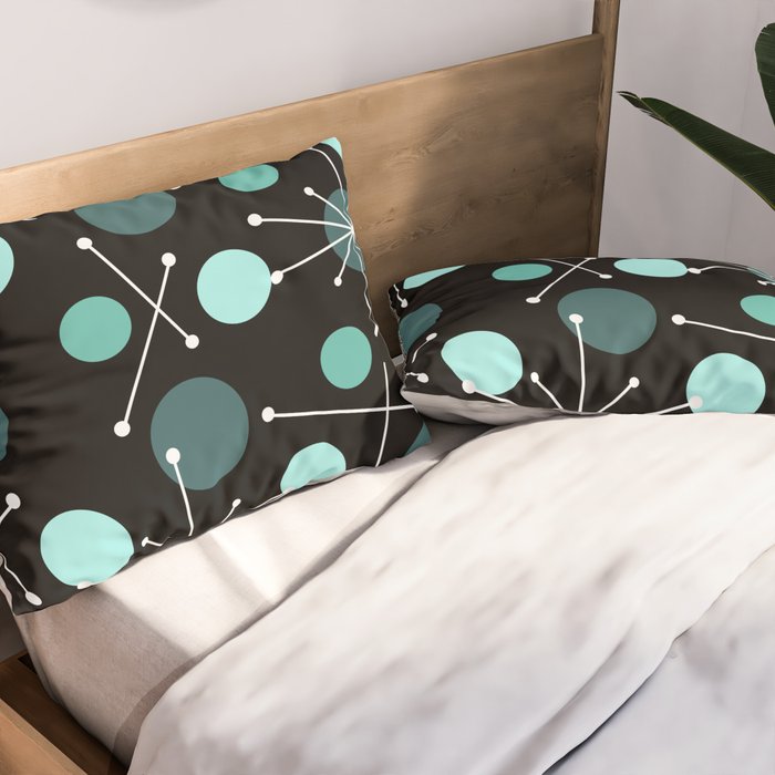 Atomic Age Dots And Starbursts Black Turquoise Pillow Sham Gallery Image 2