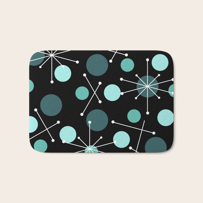 Atomic Age Dots And Starbursts Black Turquoise Bath Mat Gallery Image 1