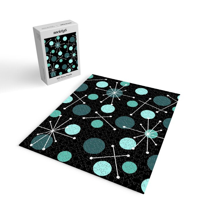 Atomic Age Dots And Starbursts Black Turquoise Jigsaw Puzzle Gallery Image 2