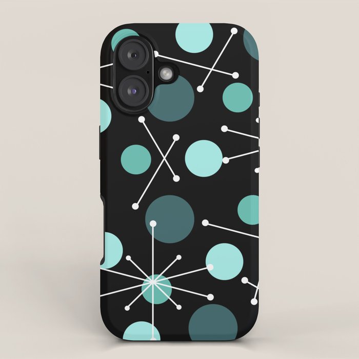 Atomic Age Dots And Starbursts Black Turquoise iPhone Case Gallery Image 1