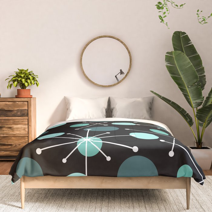 Atomic Age Dots And Starbursts Black Turquoise Comforter Gallery Image 3