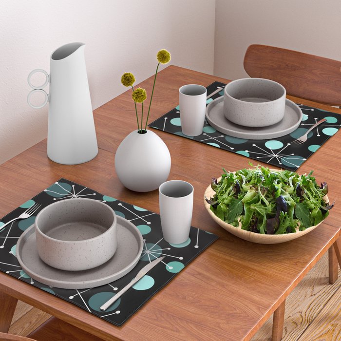 Atomic Age Dots And Starbursts Black Turquoise Placemat Gallery Image 2