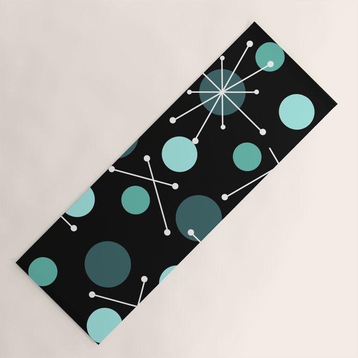 Atomic Age Dots And Starbursts Black Turquoise Yoga Mat Gallery Image 1