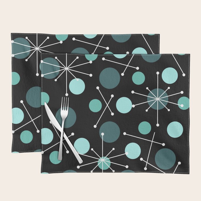Atomic Age Dots And Starbursts Black Turquoise Placemat Gallery Image 1
