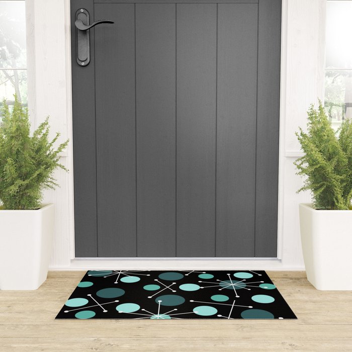 Atomic Age Dots And Starbursts Black Turquoise Welcome Mat Gallery Image 3