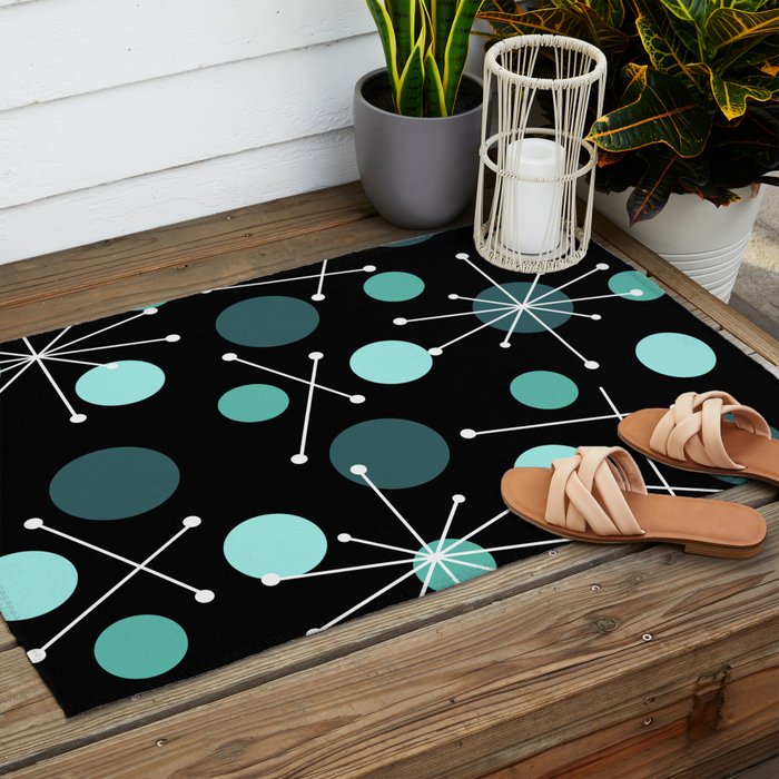 Atomic Age Dots And Starbursts Black Turquoise Outdoor Rug Gallery Image 2