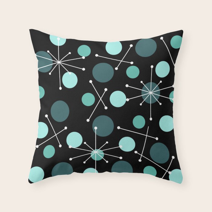 Atomic Age Dots And Starbursts Black Turquoise Throw Pillow Gallery Image 1