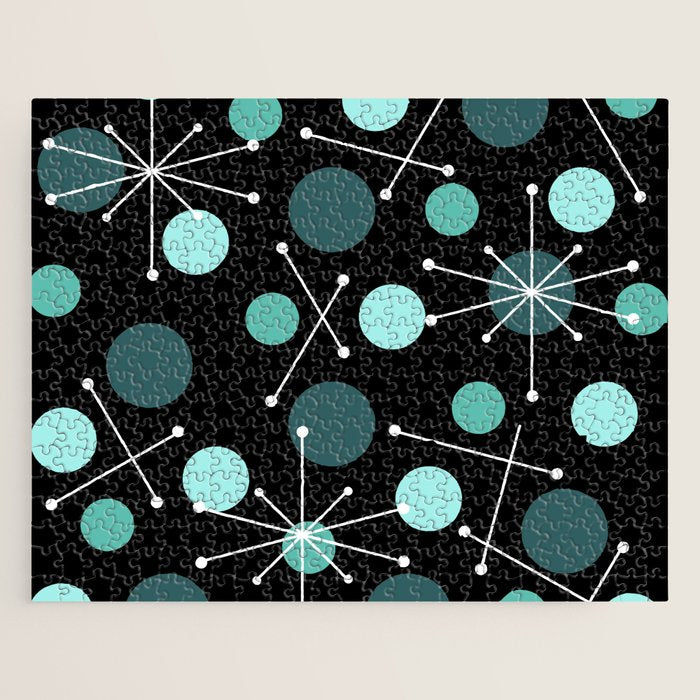 Atomic Age Dots And Starbursts Black Turquoise Jigsaw Puzzle Gallery Image 1