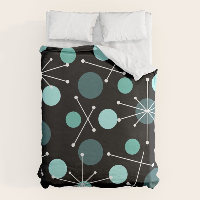Atomic Age Dots And Starbursts Black Turquoise Duvet Cover Gallery Image 1