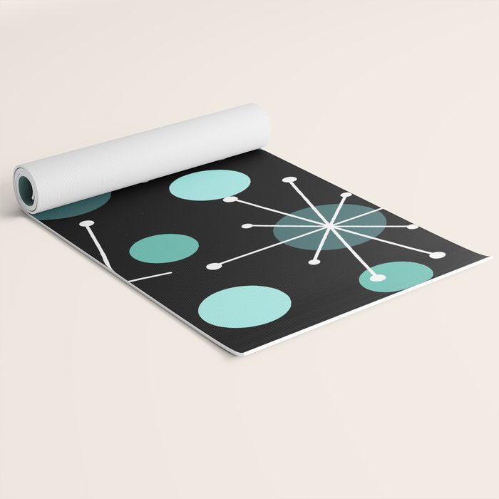 Atomic Age Dots And Starbursts Black Turquoise Yoga Mat Gallery Image 2