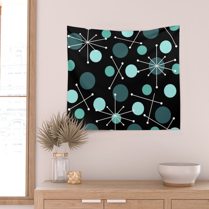 Atomic Age Dots And Starbursts Black Turquoise Wall Tapestry Gallery Image 2