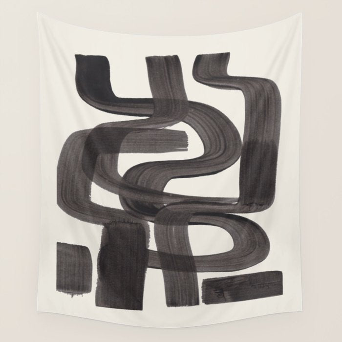 Black Ink Paint Brush Strokes Wiggles Mid Century Modern Wall Tapestry Gallery Image 4