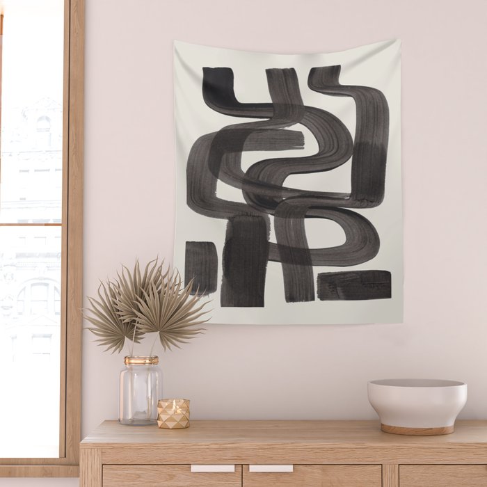Black Ink Paint Brush Strokes Wiggles Mid Century Modern Wall Tapestry Gallery Image 2