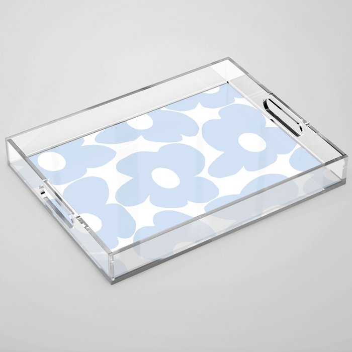 Large Baby Blue Retro Flowers White Background #decor #society6 #buyart Acrylic Tray Gallery Image 1