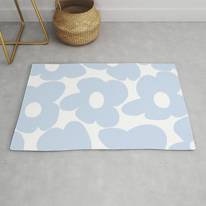 Large Baby Blue Retro Flowers White Background #decor #society6 #buyart Rug Gallery Image 1