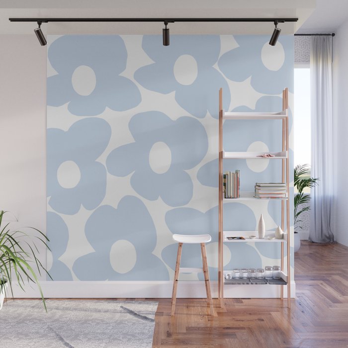 Large Baby Blue Retro Flowers White Background #decor #society6 #buyart Wall Mural Gallery Image 1