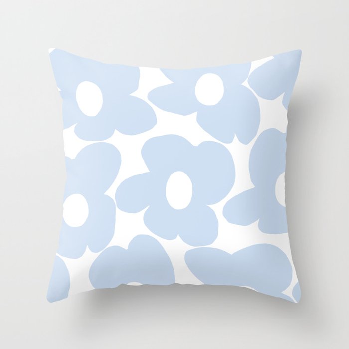 Large Baby Blue Retro Flowers White Background #decor #society6 #buyart Throw Pillow Gallery Image 1