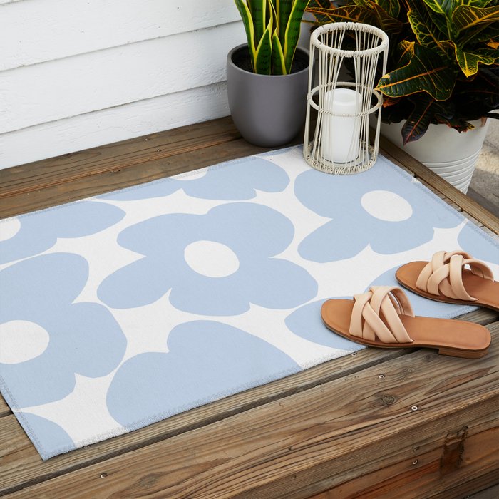 Large Baby Blue Retro Flowers White Background #decor #society6 #buyart Outdoor Rug Gallery Image 2