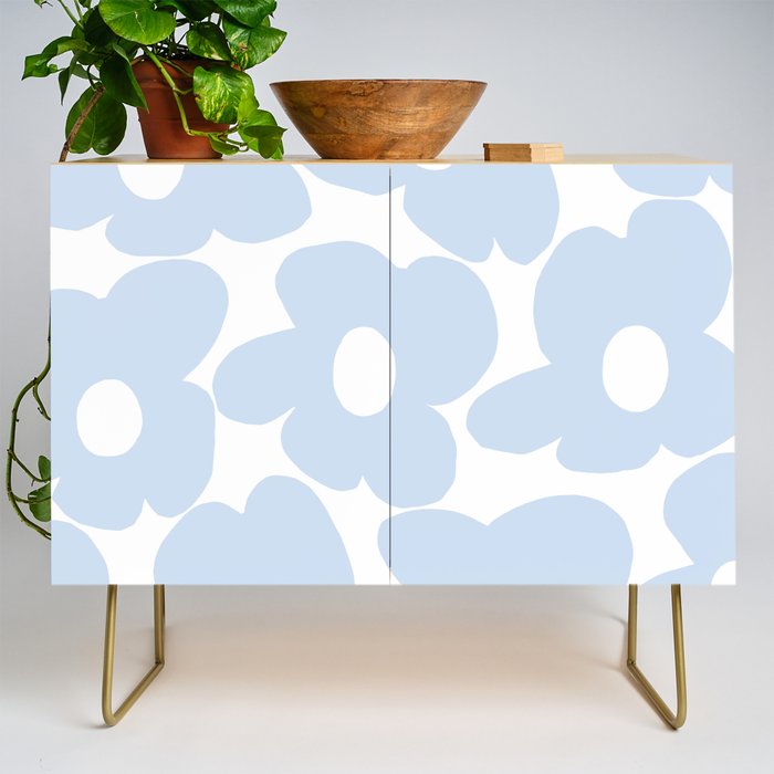 Large Baby Blue Retro Flowers White Background #decor #society6 #buyart Credenza Gallery Image 1
