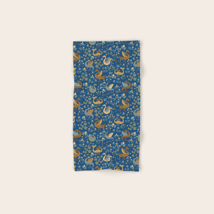 Dragons and Flowers on Classic Blue Bath Towel Gallery Image 1