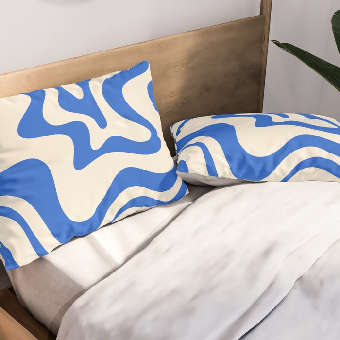 Retro Liquid Swirl Abstract Pattern in Cobalt Blue Cream 3 Pillow Sham Gallery Image 2