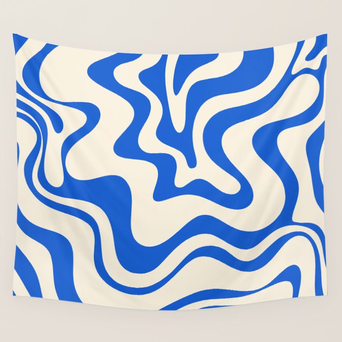 Retro Liquid Swirl Abstract Pattern in Cobalt Blue Cream 3 Wall Tapestry Gallery Image 4