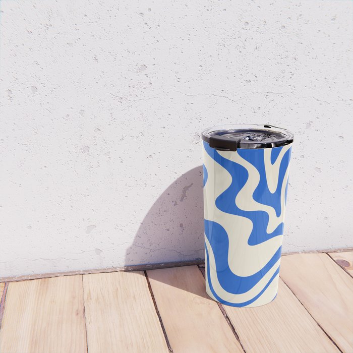 Retro Liquid Swirl Abstract Pattern in Cobalt Blue Cream 3 Travel Mug Gallery Image 4