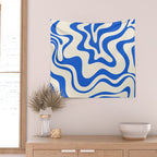 Retro Liquid Swirl Abstract Pattern in Cobalt Blue Cream 3 Wall Tapestry Gallery Image 2