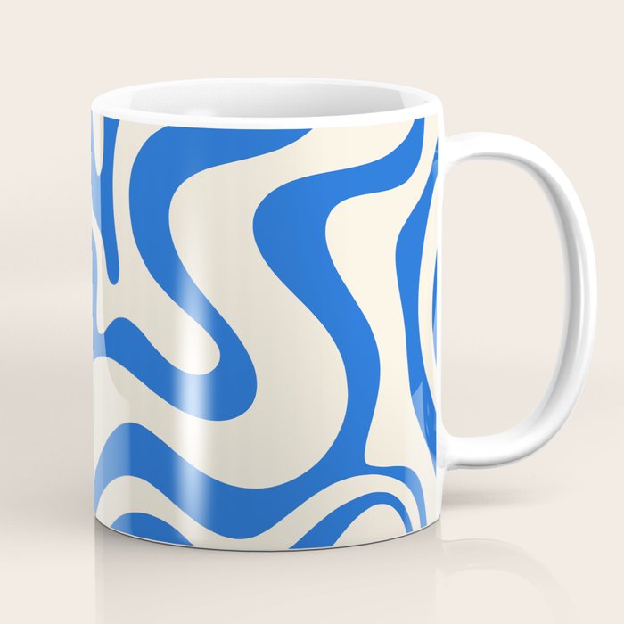 Retro Liquid Swirl Abstract Pattern in Cobalt Blue Cream 3 Coffee Mug Gallery Image 1