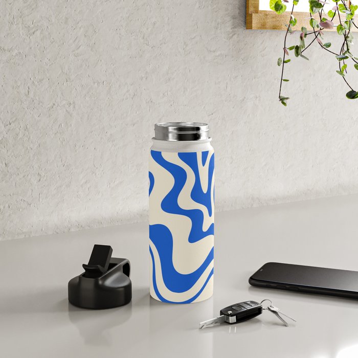 Retro Liquid Swirl Abstract Pattern in Cobalt Blue Cream 3 Water Bottle Gallery Image 4