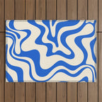 Retro Liquid Swirl Abstract Pattern in Cobalt Blue Cream 3 Outdoor Rug Gallery Image 1