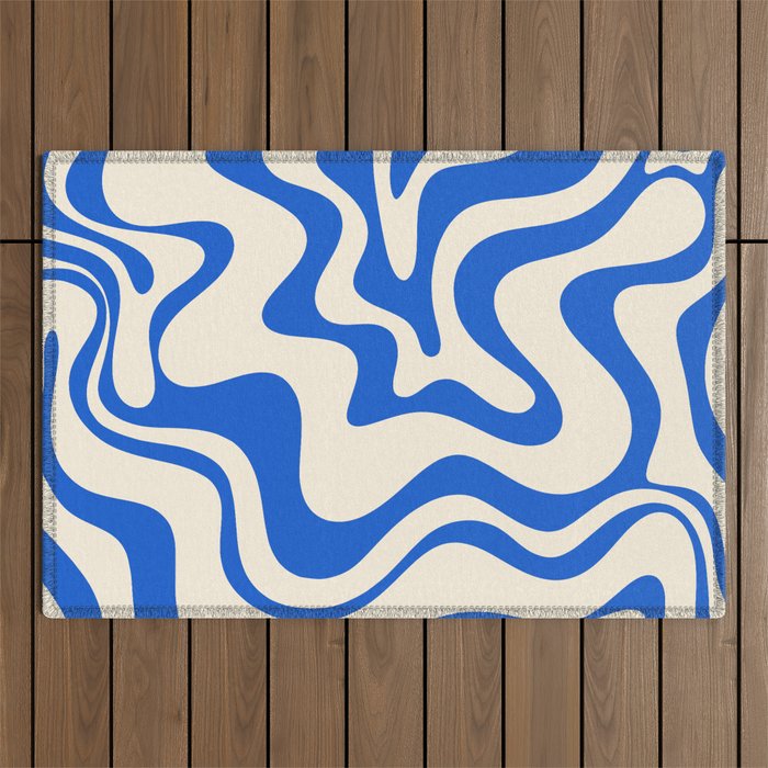 Retro Liquid Swirl Abstract Pattern in Cobalt Blue Cream 3 Outdoor Rug Gallery Image 1