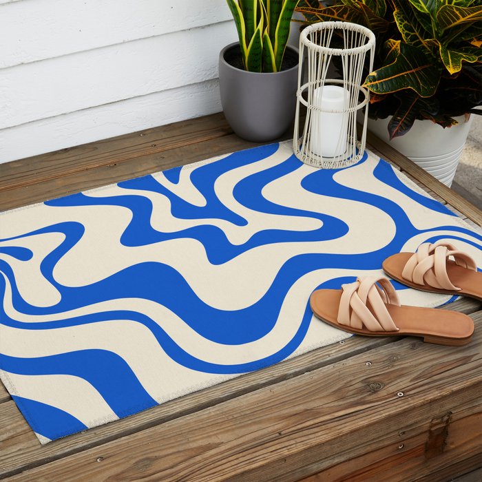 Retro Liquid Swirl Abstract Pattern in Cobalt Blue Cream 3 Outdoor Rug Gallery Image 2