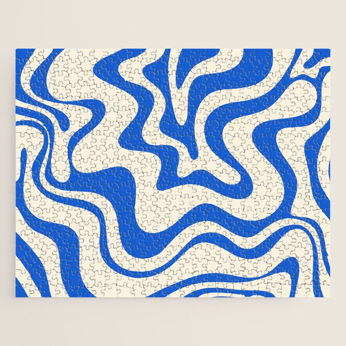 Retro Liquid Swirl Abstract Pattern in Cobalt Blue Cream 3 Jigsaw Puzzle Gallery Image 1