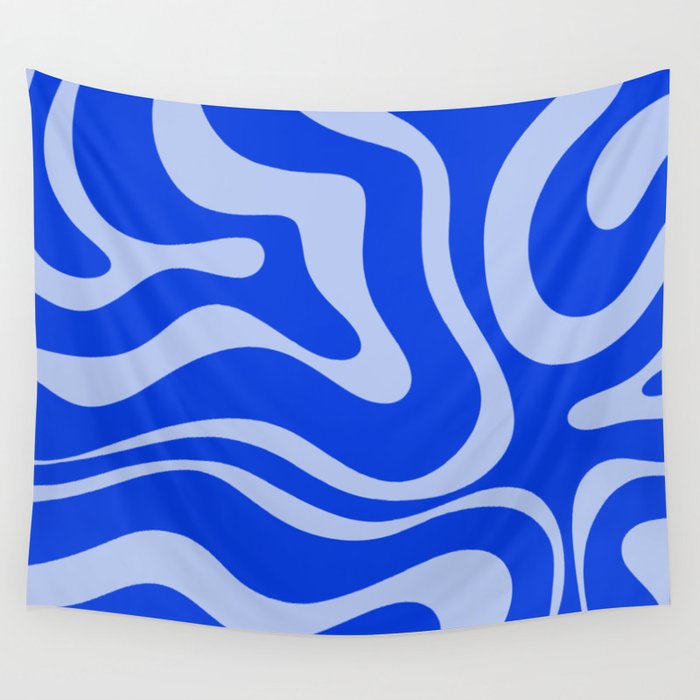 Retro Modern Liquid Swirl Abstract Pattern Square Royal Blue and Light Blue Wall Tapestry Gallery Image 4