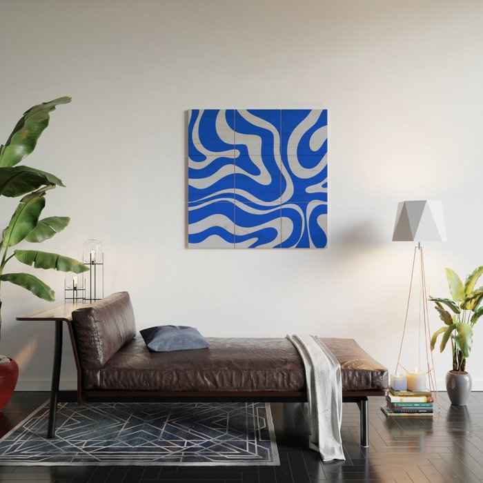 Retro Modern Liquid Swirl Abstract Pattern Square Royal Blue and Light Blue Wood Wall Art Gallery Image 2