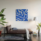Retro Modern Liquid Swirl Abstract Pattern Square Royal Blue and Light Blue Wood Wall Art Gallery Image 2