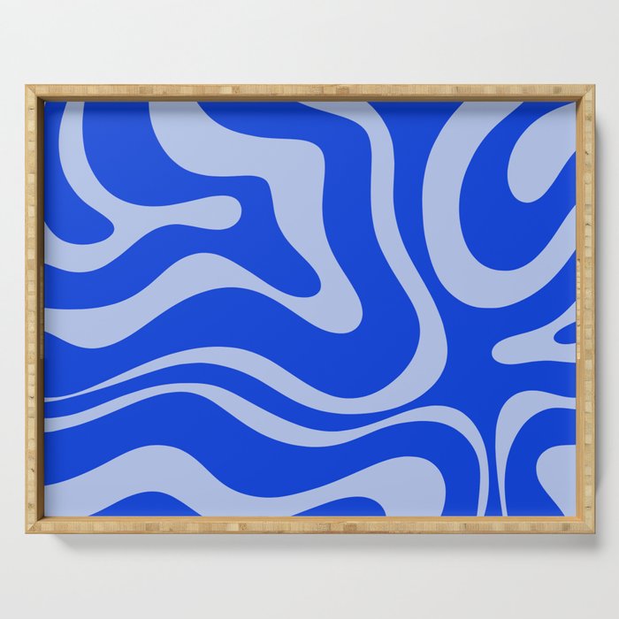 Retro Modern Liquid Swirl Abstract Pattern Square Royal Blue and Light Blue Serving Tray Gallery Image 1
